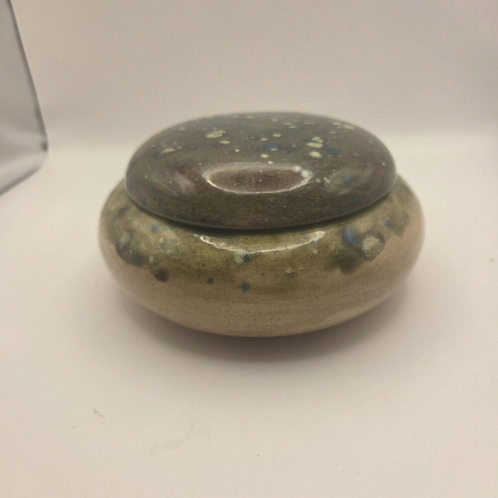 VTG Studio Pottery Lidded Jar Stoneware Earth Tones Blue Speckle